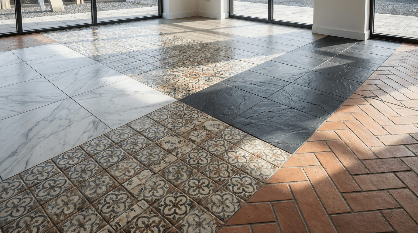 Room with a floor divided into sections of marble tiles, patterned ceramic tiles, slate tiles, and terracotta herringbone tiles, along with an area showcasing the average cost LVT flooring, all near large windows.