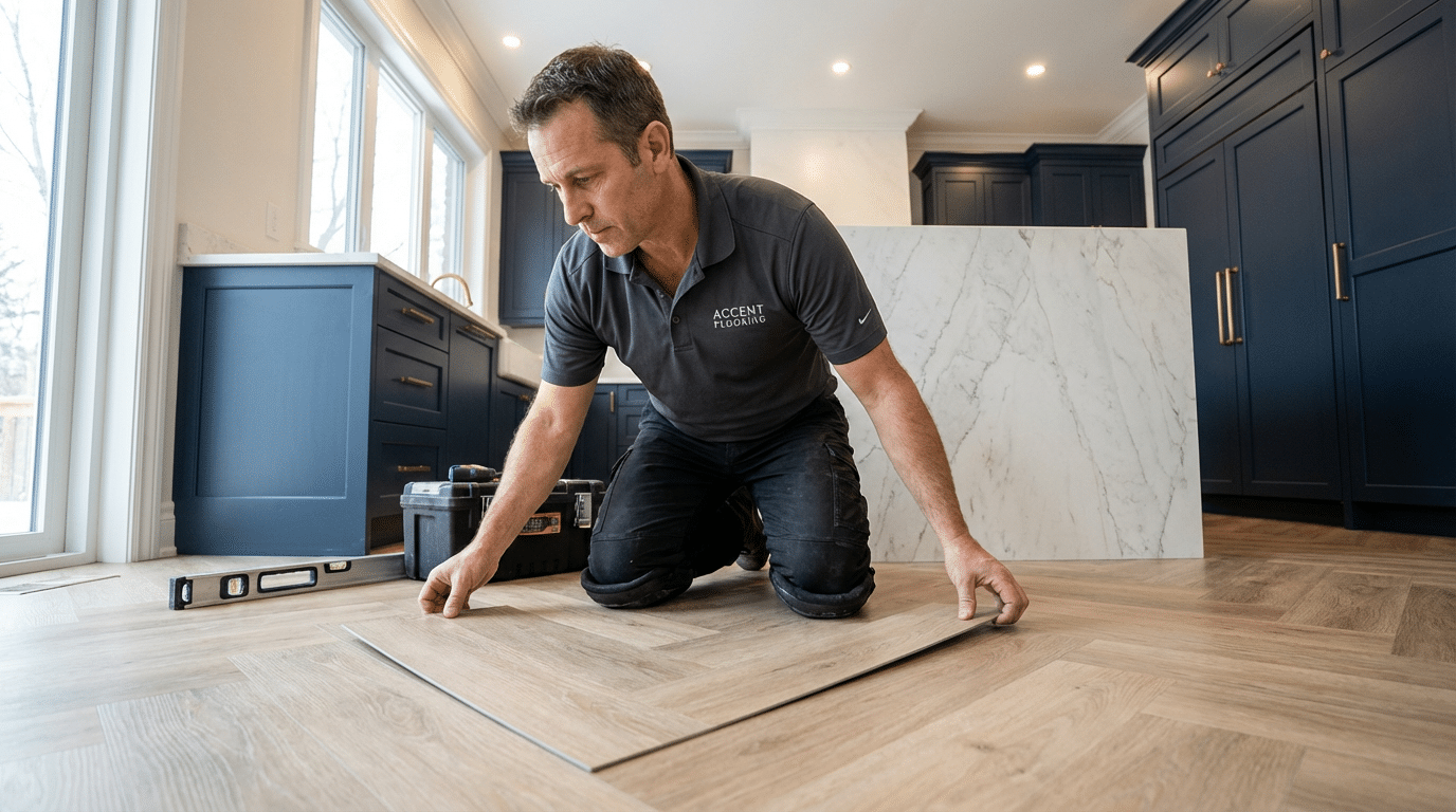 A man kneels on the floor in a modern kitchen, aligning wood planks to install LVT flooring, with a toolbox and level positioned nearby.