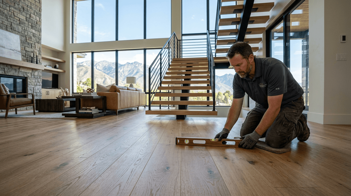 Accent Flooring installation expert kneels on a wooden floor in a modern living room, using a spirit level to check the floor’s evenness, with a staircase and large windows in the background. Home is in Salt Lake City, Utah.