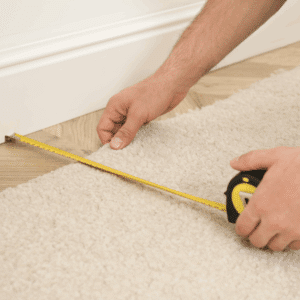 Carpet installer measuring and cutting carpet during installation process