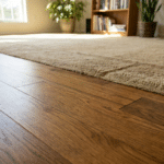 Close-up view of a room showing the transition between wood flooring and carpet, with natural light from a window and plants in the background—perfect inspiration if you want to replace carpet with hardwood. See our 2024 Pricing Guide for cost details.