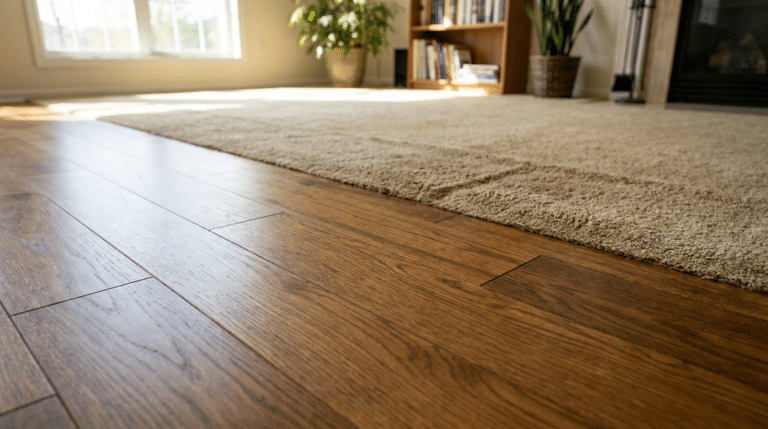 Close-up view of a room showing the transition between wood flooring and carpet, with natural light from a window and plants in the background—perfect inspiration if you want to replace carpet with hardwood. See our 2024 Pricing Guide for cost details.