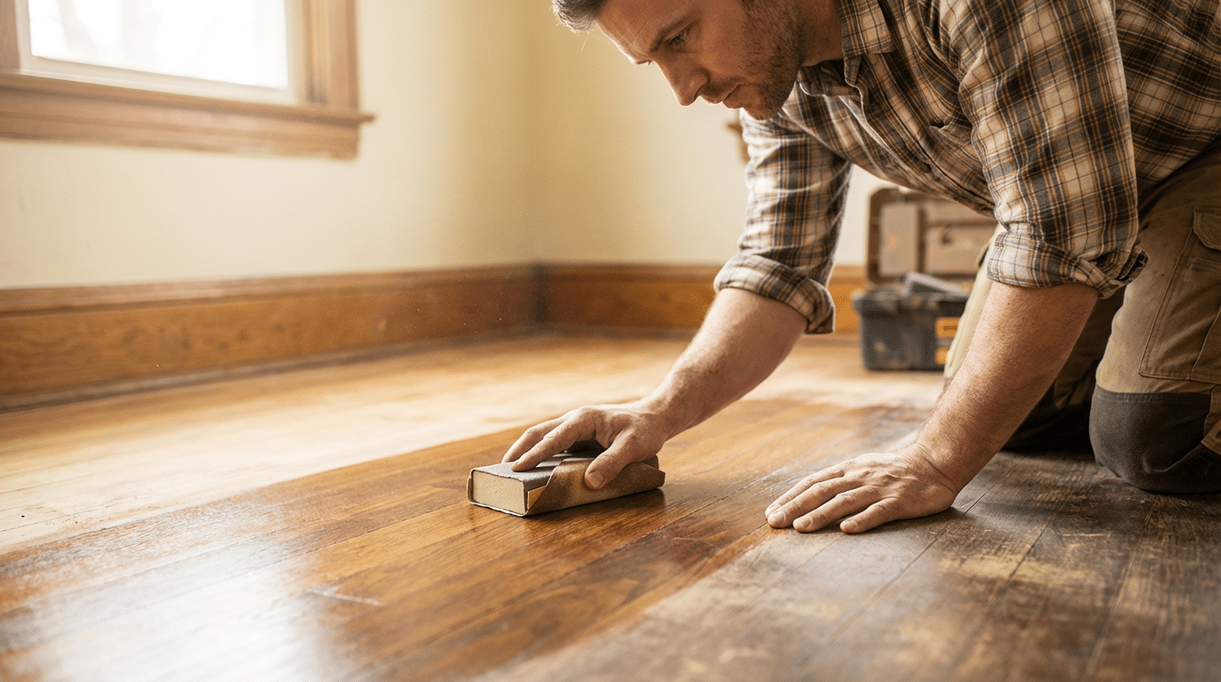 A person kneels on a wooden floor in Salt Lake City, sanding it by hand with a sanding block as sunlight streams in—dedicated to perfecting hardwood floor refinishing.