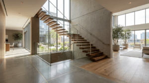 Modern, open-concept interior with custom floating stairs, concrete and glass walls, large windows, and indoor plants, creating a bright and minimalist living space that contrasts beautifully with traditional stair designs.