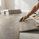 Person wearing gloves installs wood-look laminate flooring over a concrete subfloor, with tools and unopened flooring boxes nearby—showcasing how to install LVT flooring while considering factors like average cost LVT flooring for your project.