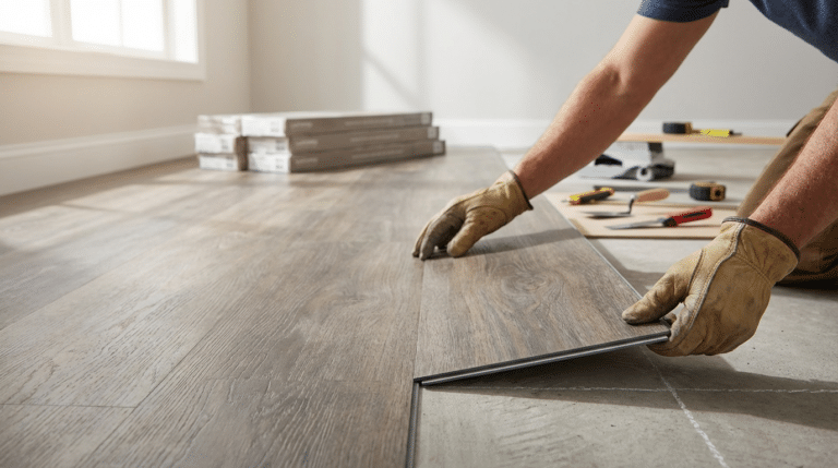 Person wearing gloves installs wood-look laminate flooring over a concrete subfloor, with tools and unopened flooring boxes nearby—showcasing how to install LVT flooring while considering factors like average cost LVT flooring for your project.