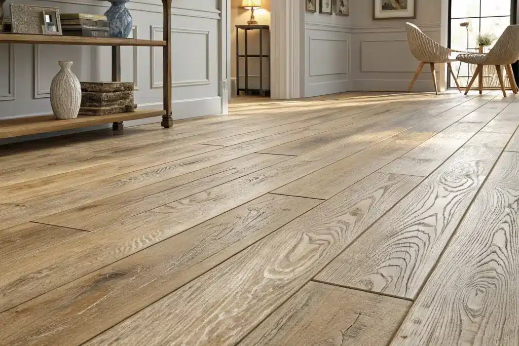 Close-up view of a spacious room with light-colored wooden plank flooring, professionally installed for a sleek look, neutral walls, and minimal furniture—including chairs, shelves, and decorative items—ideal for Utah commercial flooring needs.