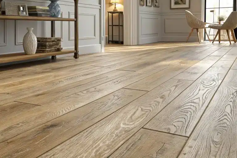 Close-up view of a spacious room with light-colored wooden plank flooring, professionally installed for a sleek look, neutral walls, and minimal furniture—including chairs, shelves, and decorative items—ideal for Utah commercial flooring needs.
