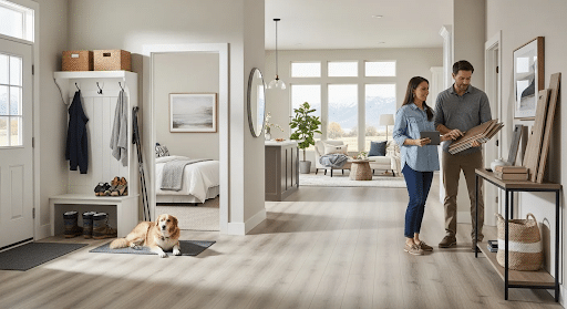 A couple reviews popular flooring samples in a modern, well-lit home entryway, while a dog rests on a mat near the front door.