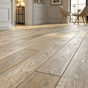 A room with light wood-grain flooring, gray paneled walls, a round glass table with wooden chairs, framed pictures on the wall, and sunlight streaming through a window—showcasing the beauty of recent hardwood floor refinishing.