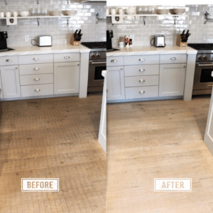 Side-by-side comparison of a kitchen floor; the left shows a darker, worn wood floor before hardwood floor refinishing, while the right reveals a lighter, refreshed look. Labels read "before" and "after," highlighting why it's the best time to refinish hardwood floors.