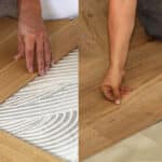 Two close-up views of hands installing wooden flooring; one placing planks over adhesive, the other fitting a curved wooden piece on the floor.
