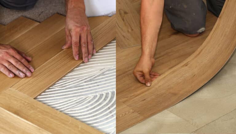 Two close-up views of hands installing wooden flooring; one placing planks over adhesive, the other fitting a curved wooden piece on the floor.